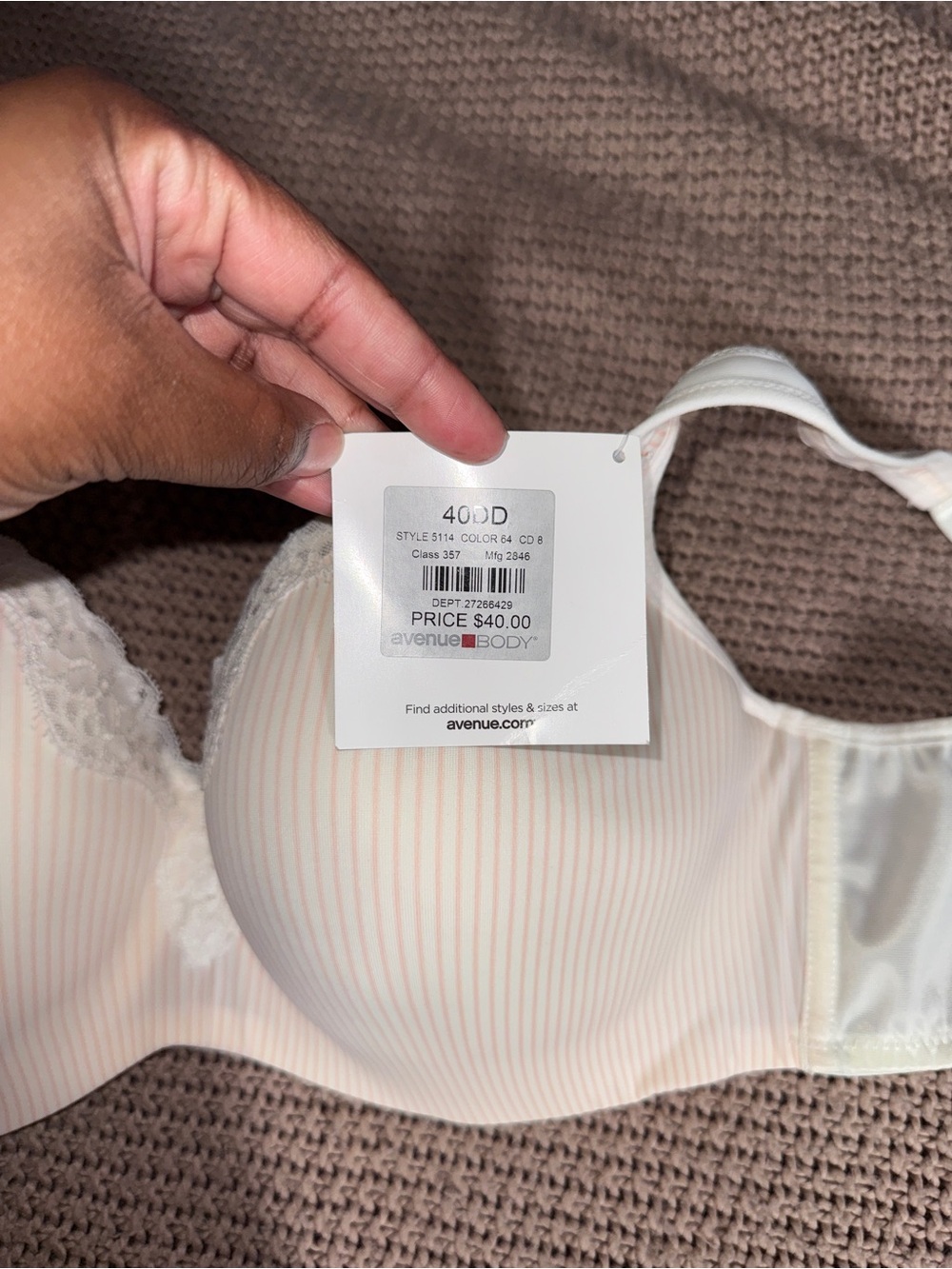 Avenue White and Pale Pink Striped Underwire Bra